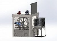 Technische Zeichnung der Clean-o-mat PF Rhönrad-Reinigungsanlage Technische Zeichnung der Clean-o-mat PF Rhönrad-Reinigungsanlage mit Riemenantrieb und Schutzkorb.