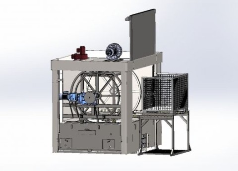 Technische Zeichnung der Clean-o-mat PF Rhönrad-Reinigungsanlage Technische Zeichnung der Clean-o-mat PF Rhönrad-Reinigungsanlage mit Riemenantrieb und Schutzkorb.