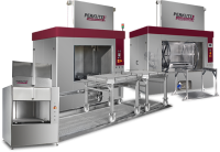 Front-loader cleaning systems from PERKUTE – compact cleaning systems for industry and workshops Two industrial front-loader cleaning systems from PERKUTE with turntable and enclosed stainless steel cabin