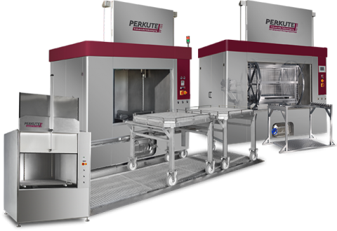 Two industrial front-loader cleaning systems from PERKUTE with turntable and enclosed stainless steel cabin
