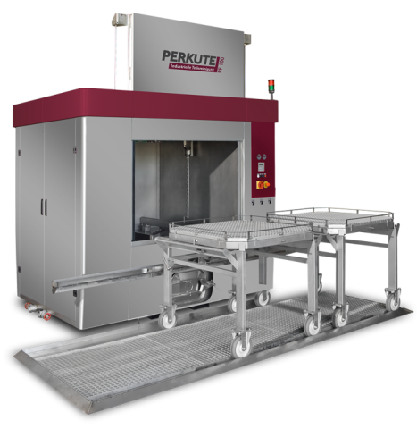 PERKUTE Clean-o-Mat PF cleaning system with front loading, turntable and transport trolley