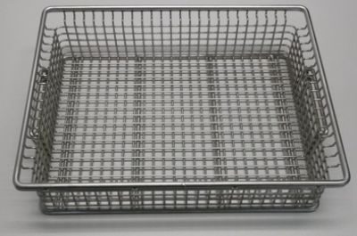 Flat stainless steel small parts basket, 408 x 308 x 108 mm, mesh size 12 mm
