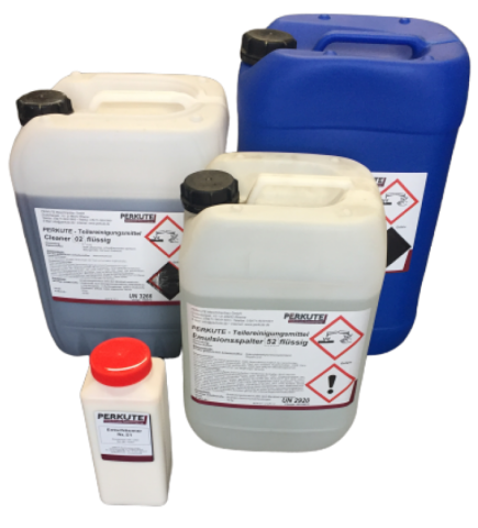 Various canisters and containers with PERKUTE system cleaners for industrial parts cleaning, aqueous and biodegradable
