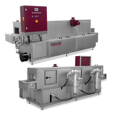 Clean-o-mat TW continuous cleaning system for continuous parts cleaning at high throughput rates, with robust stainless steel design