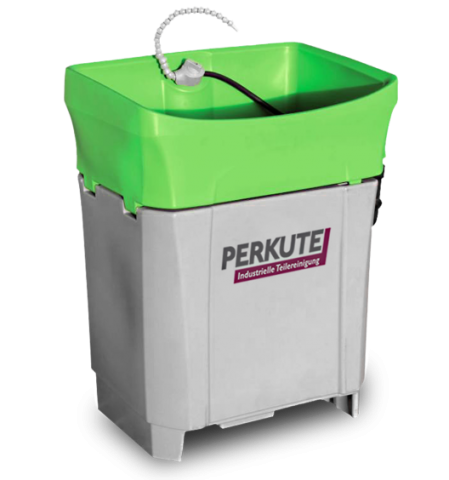 Offener grüner Waschtisch PERKUTE Clean-o-mat PWT aus Edelstahl, geeignet für die manuelle Teilereinigung von kleinen und mittleren Bauteilen.