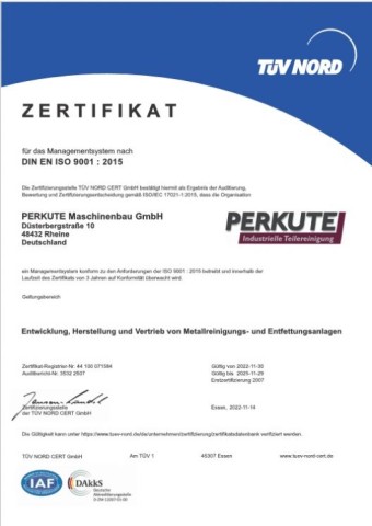 PERKUTE ISO 9001 Zertifikat für Metallreinigungs- und Entfettungsanlagen ISO 9001:2015 Zertifikat der PERKUTE Maschinenbau GmbH in Rheine für die Entwicklung, Herstellung und den Vertrieb von Metallreinigungs- und Entfettungsanlagen