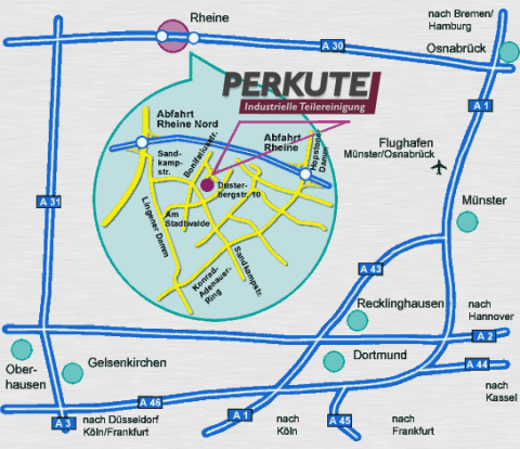 Karte mit Standort der PERKUTE Maschinenbau GmbH in Rheine Kartenausschnitt mit dem Standort der PERKUTE Maschinenbau GmbH in Rheine, Düsterbergstraße 10